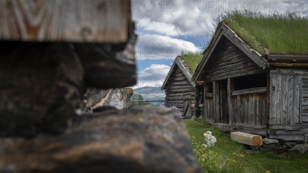 Holzhütten mit Grasdächern, historischer Bauernhof und Pilgerunterkunft Budsjord, Dovre, Pilgerweg Olavsweg oder Olavsleden, Gudbrandsdalen oder Gudbrandstal, Norwegen