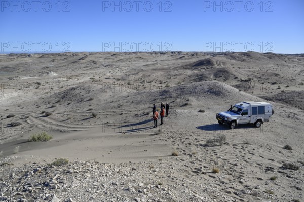 Touristengruppe in der Wüstenlandschaft bei Pomona, Diamentensperrgebiet, bei Lüderitz, Region Karas, Namibia