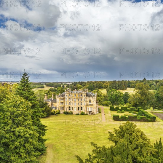 Oxenfoord Castle from a drone, Midlothian, Scotland, UK