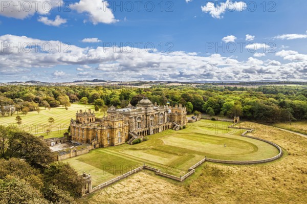 View of Gosford House from a drone, Longniddry, East Lothian, Scotland, UK