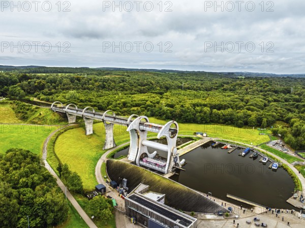 Filkirk Wheel from a drone, Forth and Clyde Canal, Falkirk, Scotland, UK