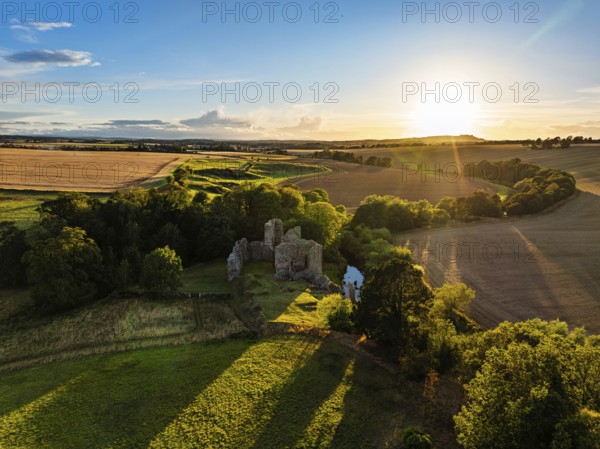 Ruins of Hailes Castle over River Tyne from a drone, East Linton, East Lothian, Scotland, UK
