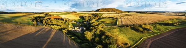 Panorama of Ruins of Hailes Castle over River Tyne from a drone, East Linton, East Lothian, Scotland, UK