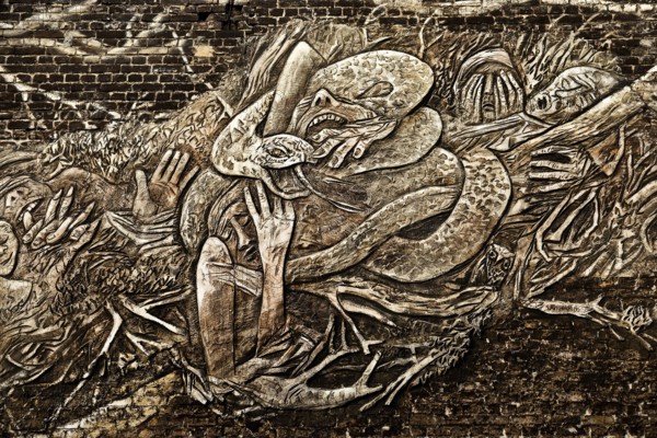 Das Wandbild mit dem Titel Weltbaum 2, Werden, Sein, Vergehen von Ben Wagin am S-Bahnhof Savignyplatz, eine Brandwandgestaltung, Berlin, Deutschland