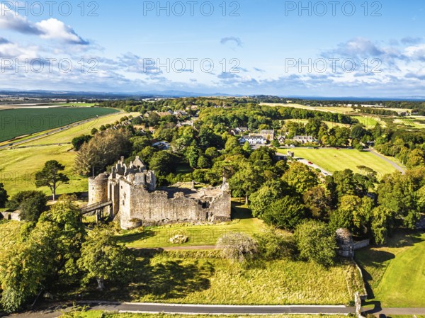 Ruins of Dirleton Castle & Gardens from a drone, Dirleton, East Lothian, Scotland, UK