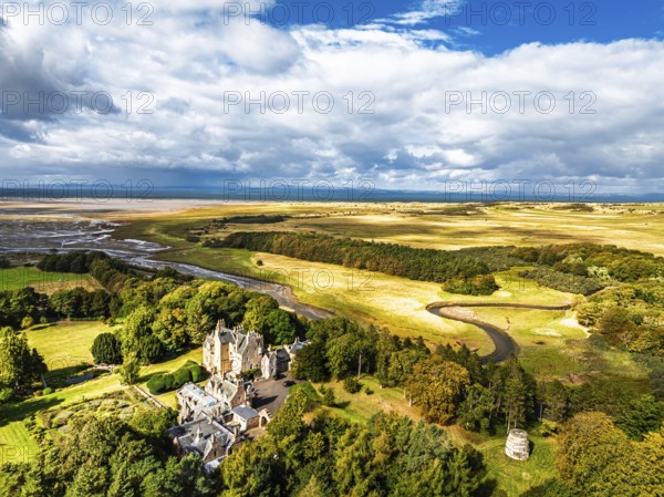 Luffness Castle from a drone, Aberlady, East Lothian, Scotland, UK