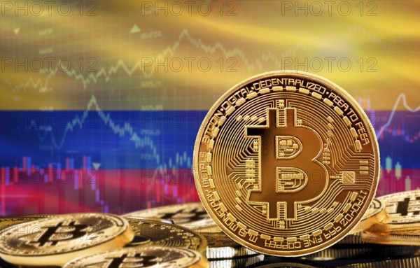 Investors in cryptocurrency and Blockchain Technology in Colombia, Concept. Bitcoin with Colombia flag in the background