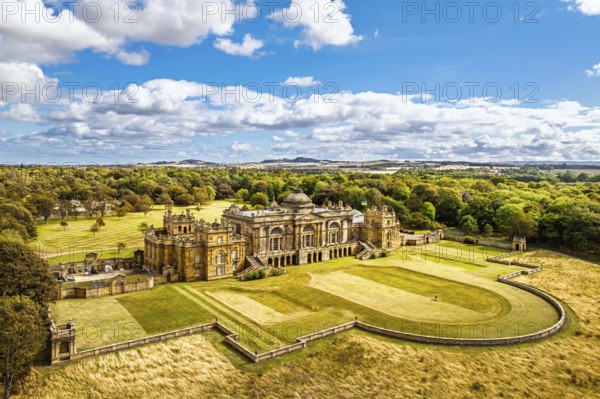 View of Gosford House from a drone, Longniddry, East Lothian, Scotland, UK