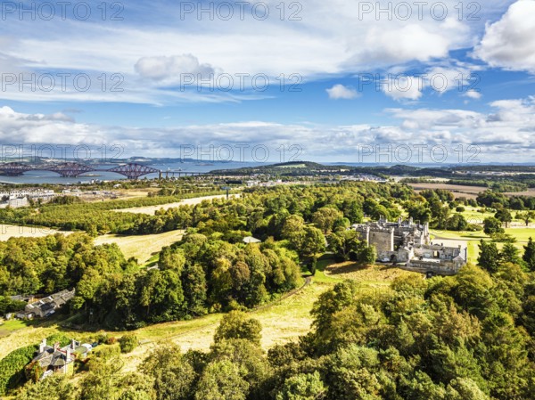 Dundas Castle over South Queensferry from a drone, Edinburgh, Scotland, UK