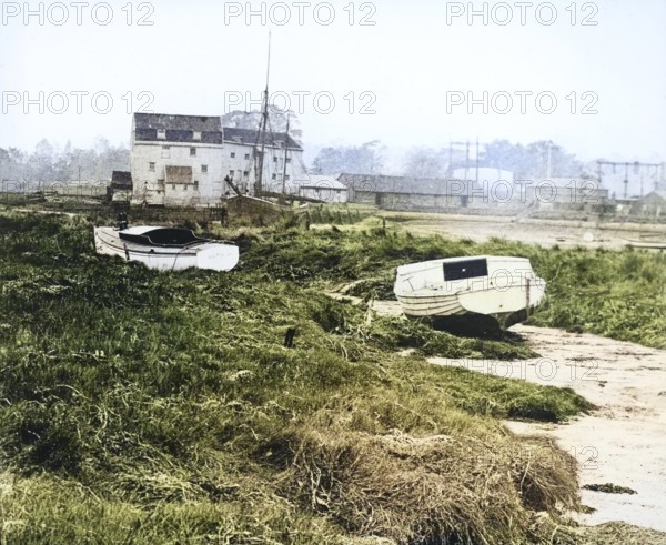 Colourised magic lantern slide of the Tide Mill and River Deben at Woodbridge, Suffolk, England, UK c 1910