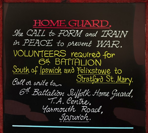 Magic lantern slide used for advertising in cinemas for Home Guard volunteers UK c 1940s or 1950s