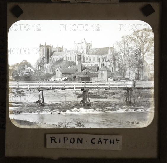 Magic lantern slide of Ripon cathedral church from River Ure, Ripon, North Yorkshire, England, UK c 1900
