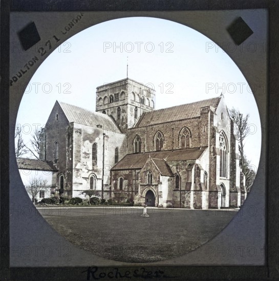 Colorised magic lantern slide by Poulton of Rochester cathedral church, Kent, England, UK c 1900