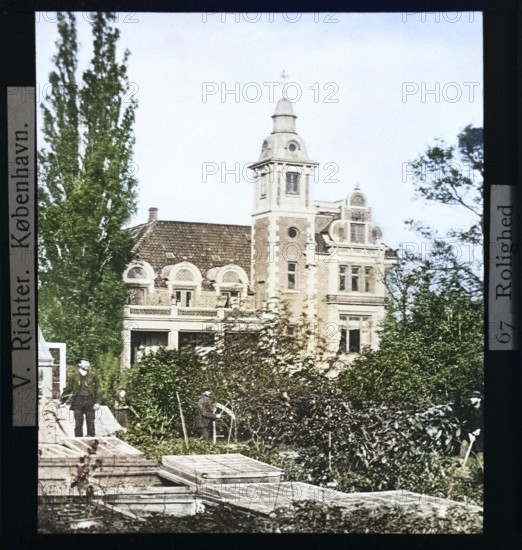 Garden and mansion house at Rolighed, Skodsborg, Denmark, c 1900 where Hans Christian Andersen died in 1875 by V Richter colourised version