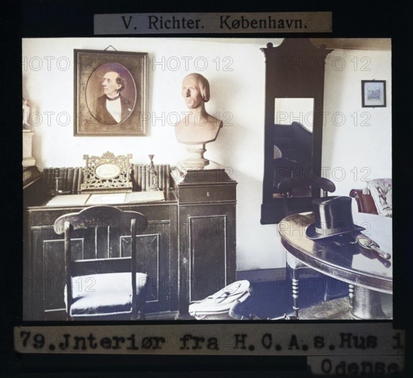 Interior of Hans Christian Andersen's House Museum, H.C. Andersen's Odense, Odense, Denmark by V Richter c 1900 colourised version