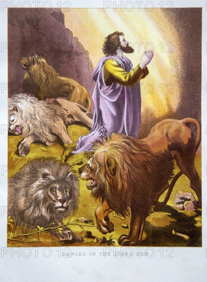 Nineteenth century Victorian Bible story illustration in Chromo-Lithography, Daniel in the Lion's Den