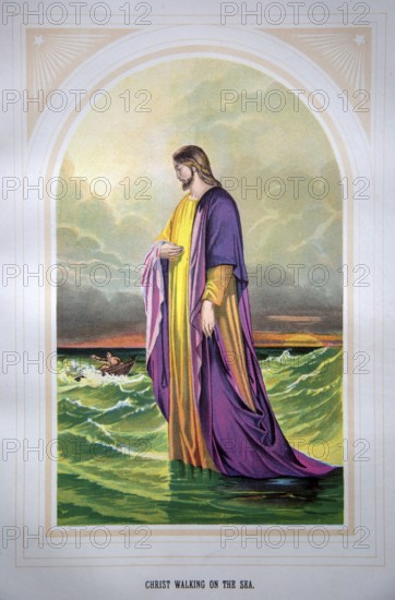 Nineteenth century Victorian Bible story illustration in Chromo-Lithography, Christ Walking on the Sea