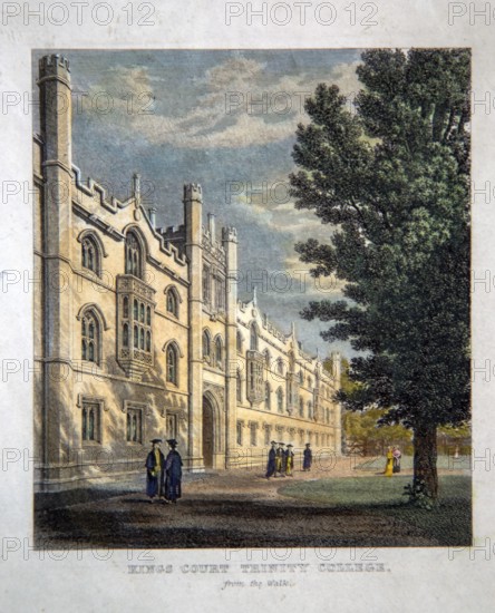 Kings Court, Trinity College, University of Cambridge, England, Uk nineteenth century coloured engraving