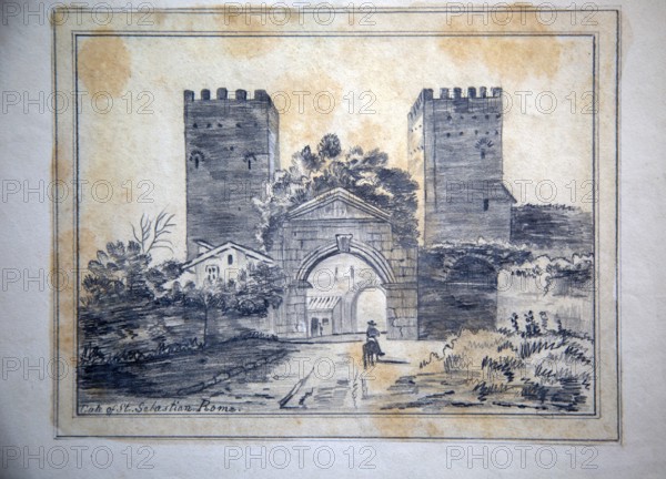 The Gate of Saint Sebastian, Rome, Italy original pencil drawing artwork 19th century