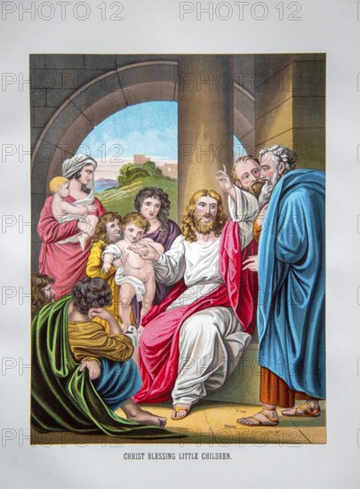 Nineteenth century Victorian Bible story illustration in Chromo-Lithography, Jesus Christ Blessing Little Children
