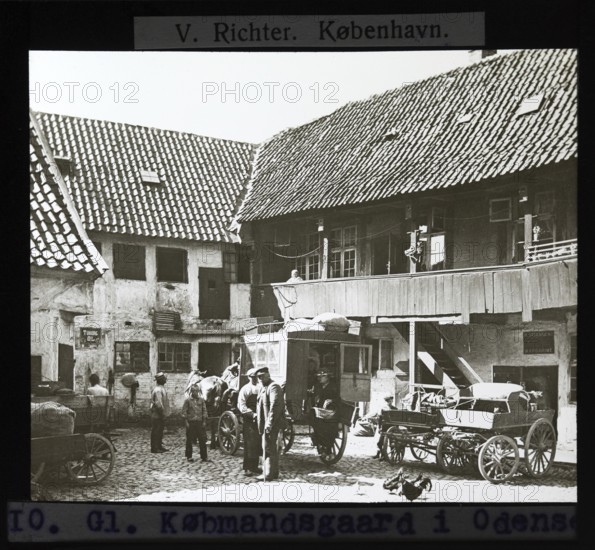 Købmandsgaard, horse and carriage in merchant's yard, Odense, Denmark c 1900 by V Richter