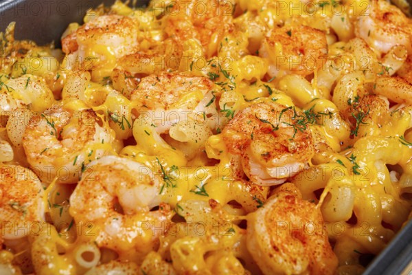 Pasta with shrimp and cheese, with a golden crust, cooked in a baking dish, homemade, no people