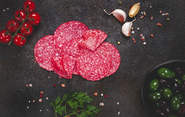 Composition of sliced salami, with fresh tomatoes, garlic and green olives, on a dark surface, appetizer, no people