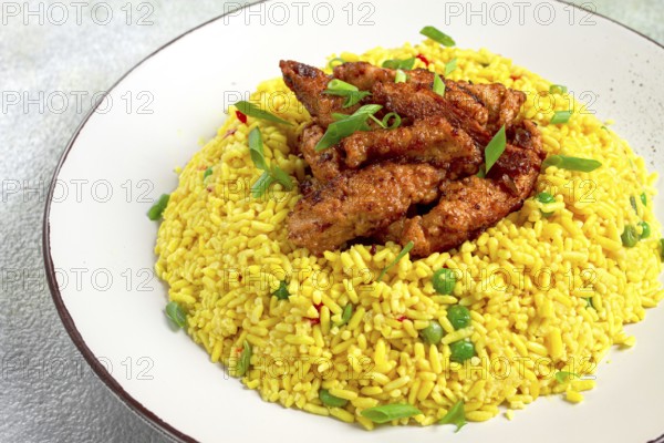 Crispy chicken fillet in soy sauce, with fried rice, homemade, no people