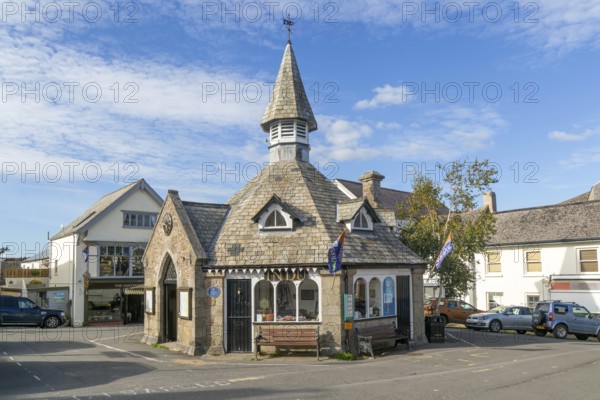 Historic octagonal market house building from 1862, village centre market place, Chagford, Devon, England, UK