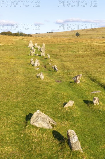 Rows of standing stones at Merrivale prehistoric ceremonial complex Dartmoor national park, Devon, England, UK