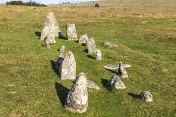 Rows of standing stones at Merrivale prehistoric ceremonial complex Dartmoor national park, Devon, England, UK