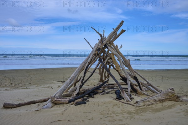 Treibholzstruktur in Zeltform am Strand unter blauem Himmel und Meerblick, Kaka Point, Clutha District, Otago, Südinsel, Neuseeland