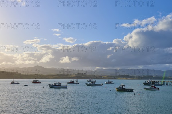 Boote auf einem sonnigen Gewässer mit einer Wolkenlandschaft im Hintergrund, Moeraki, Hampden, North Otago, Südinsel, Neuseeland