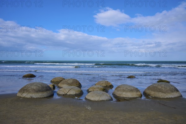 Runde Felsen verteilen sich am Strand unter einem blauen Himmel mit Wolken, Moeraki Boulders, Moeraki, Hampden, North Otago, Südinsel, Neuseeland
