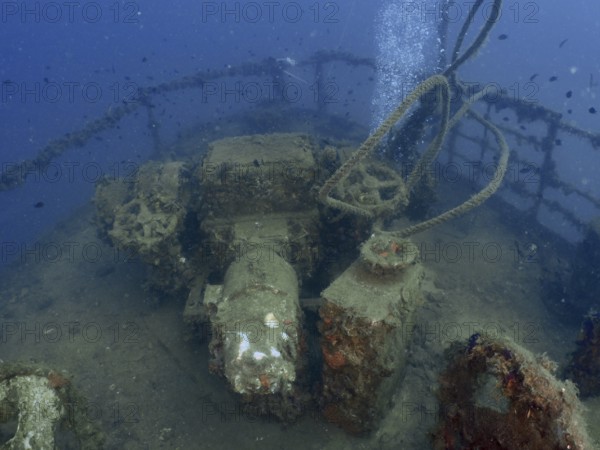 Rotten shipwreck on the seabed. Dive site wreck of the Vis, Pula, Croatia, Mediterranean Sea