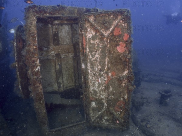 Rusted metal door of a wreck. Dive site wreck of the Vis, Pula, Croatia, Mediterranean Sea