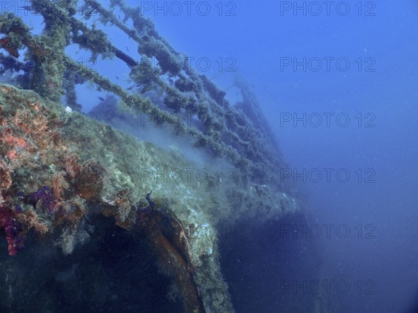 Rusty metal structure of a wreck under water, overgrown with marine life. Dive site wreck of the Vis, Pula, Croatia, Mediterranean Sea