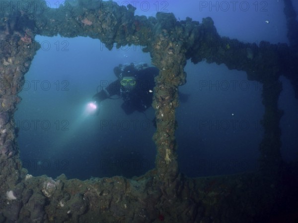 A diver explores the windows of a shipwreck with a lamp. Dive site wreck of the Baron Gautsch, Pula, Croatia, Mediterranean Sea