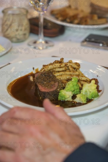 Dish with steak and vegetables on a white plate