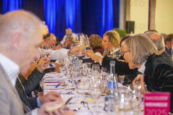 Festive atmosphere with toasting guests at a dinner