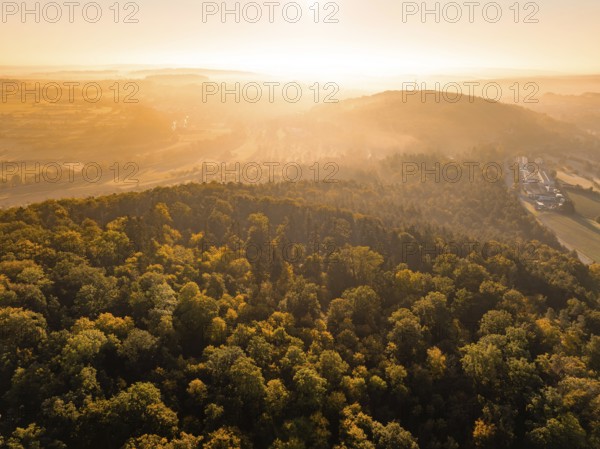 Autumnal forest landscape in the hazy light of the rising sun, Hermann Hesse Bahn, Ostelsheim, Black Forest, Germany