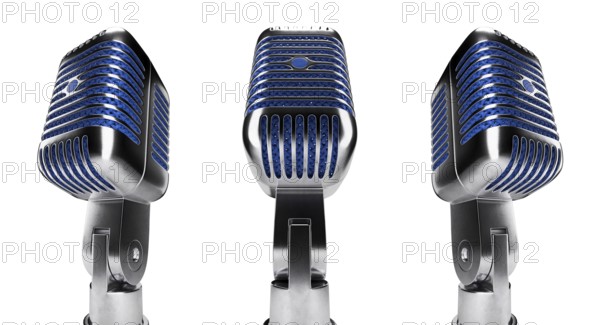 Classic vintage microphone set with blue inside mesh isolated on a white background