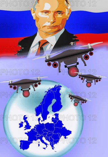 Symbolic image, Putin and Ukraine war, Russian drones over EU, sabotage by Russia, undersea cables, Baltic states, Poland, threat to European/world politics, billiards of world politics, Ukraine, Russia, danger situation, continued gas supply, arms supplies, shortage of fossil fuels, cold winter, frost, energy supply, food for third world, raw material supply