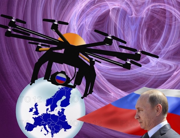 Symbolic image, Putin and Ukraine war, Russian drones over EU, sabotage by Russia, undersea cables, Baltic states, Poland, threat to European/world politics, billiards of world politics, Ukraine, Russia, danger situation, continued gas supply, arms supplies, shortage of fossil fuels, cold winter, frost, energy supply, food for third world, raw material supply