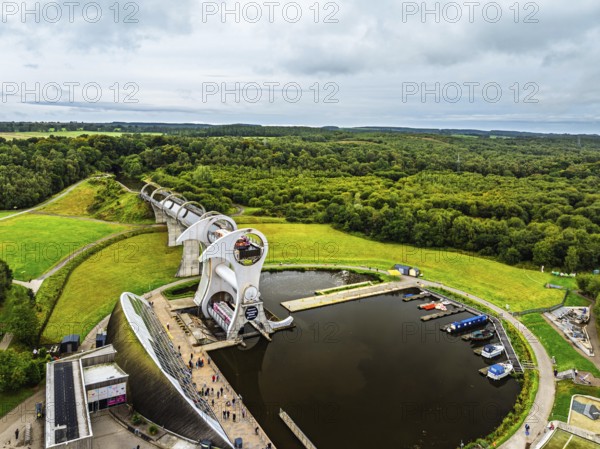 Filkirk Wheel from a drone, Forth and Clyde Canal, Falkirk, Scotland, UK