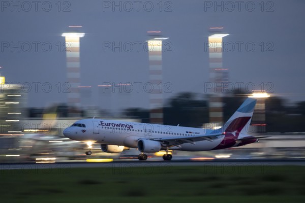 Eurowings Airbus lands at Düsseldorf Airport, North Rhine-Westphalia, Germany