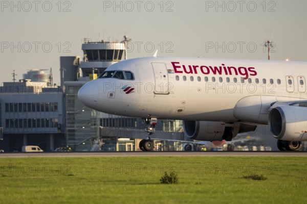 Eurowings Airbus lands at Düsseldorf Airport, North Rhine-Westphalia, Germany