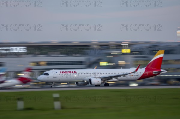 Iberia Airbus A321, after landing, at Düsseldorf Airport, North Rhine-Westphalia, Germany