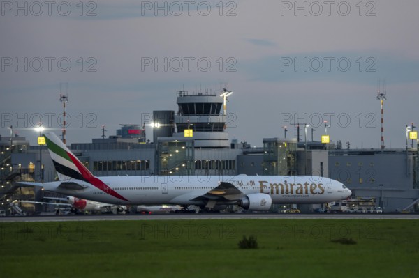 Emirates Boeing 777-300, after landing, at Düsseldorf Airport, North Rhine-Westphalia, Germany