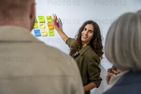 Young woman presenting business concepts and brainstorming ideas to colleagues using colorful sticky notes on a white board during a corporate meeting in an office environment